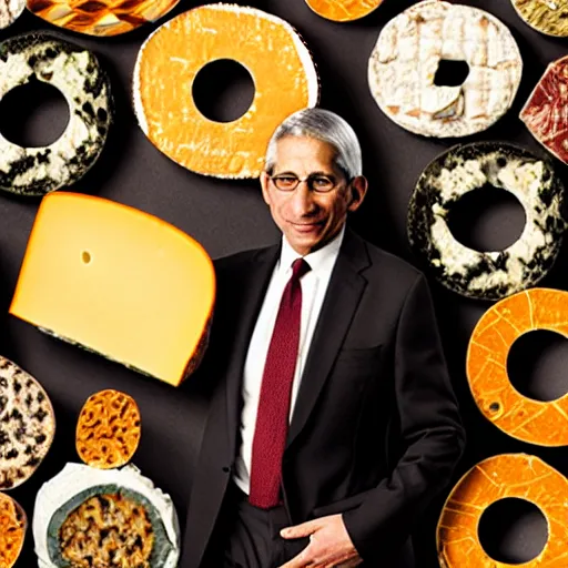 Image similar to uhd photorealistic anthony fauci made of various cheeses. photo by annie leibowitz