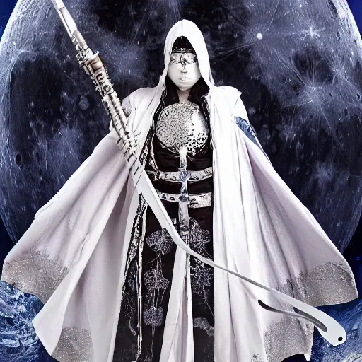 Prompt: photo of a moon themed magical assassin with silver robes, highly detailed, 4k, HDR, award-winning,