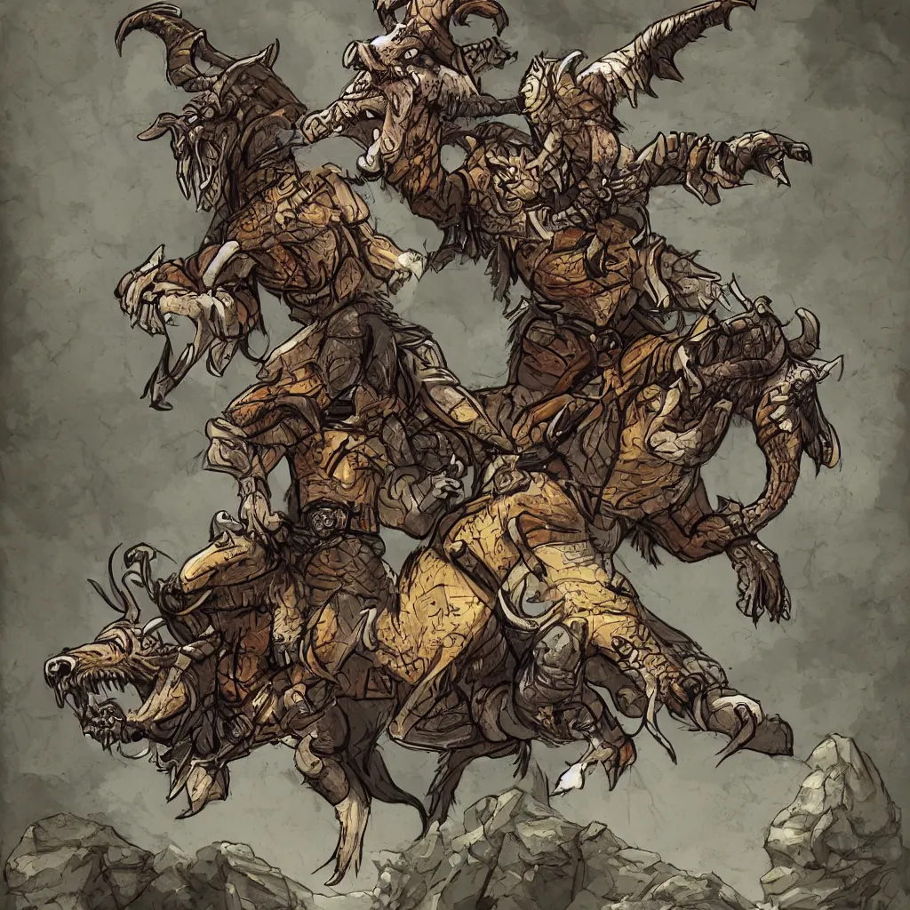 Image similar to dragonborn from dungeons and dragons jumping into a goat's back, illustration