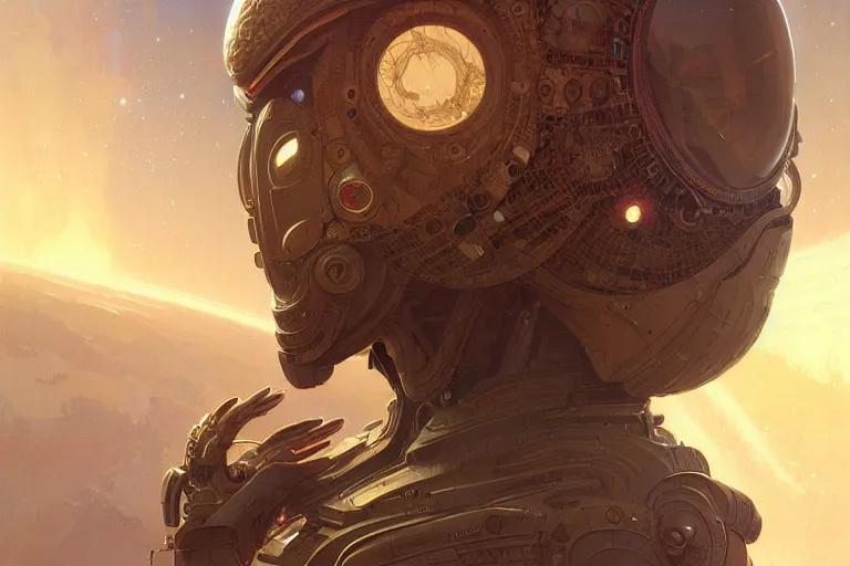 Image similar to ancient alien, technical space suit, intricate, elegant, highly detailed, digital painting, artstation, concept art, smooth, sharp focus, illustration, art by artgerm and greg rutkowski and alphonse mucha