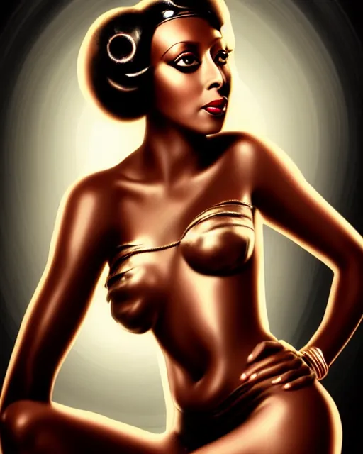 Prompt: photo of josephine baker, film still, dslr, by enoch bolles, ross tran, artgerm, wlop glossy skin, intricate detail, art deco, pearlescent, very coherent, cute