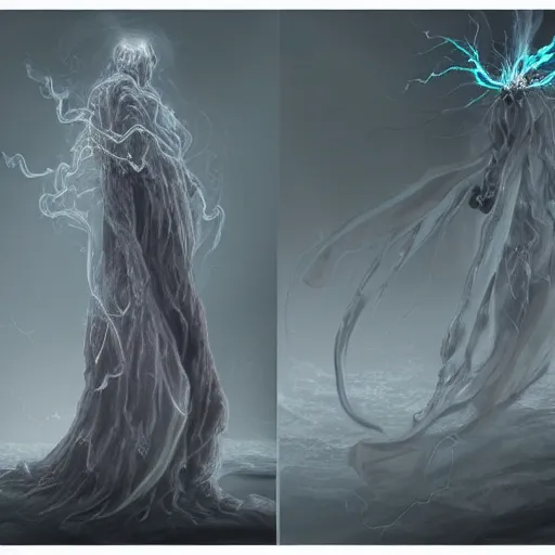 Image similar to concept designs for an ethereal ghostly wraith like figure made from wispy billowing smoke and sparks of electricity with a squid like parasite latched onto its head and long tentacle arms that flow lazily but gracefully at its sides like a cloak while it floats around a frozen rocky tundra in the snow searching for lost souls and that hides amongst the shadows in the trees, this character has hydrokinesis and electrokinesis for the resident evil village video game franchise with inspiration from bioshock the game franchise and Bloodborne and the mind flayer from stranger things on netflix in the style of a marvel comic