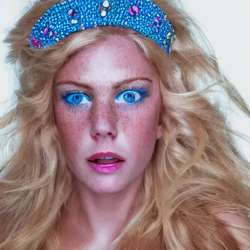 Prompt: close up headshot of a princess with long blonde hair and blue eyes wearing a strapless elaborately beaded pink dress, high resolution film still, 8k, HDR color, film by Simon Langton and David Frankel, triangular face, freckles, round narrow chin, straight jawline