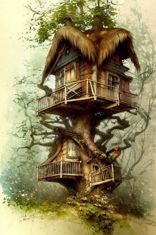 Image similar to (((((1950s fairy tale cottage tree house . muted colors.))))) by Jean-Baptiste Monge !!!!!!!!!!!!!!!!!!!!!!!!!!!