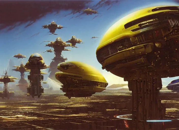 Prompt: matte painting, peter elson, chris foss, john berkey, terran trade authority