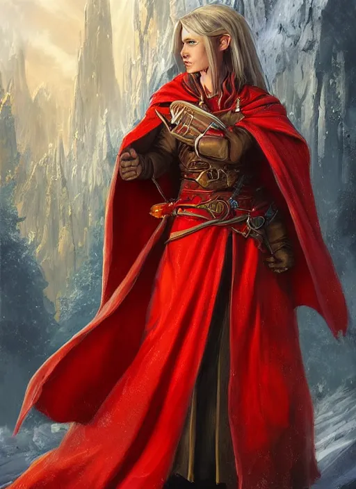 Prompt: bright red cloak female priest, ultra detailed fantasy, dndbeyond, bright, colourful, realistic, dnd character portrait, full body, pathfinder, pinterest, art by ralph horsley, dnd, rpg, lotr game design fanart by concept art, behance hd, artstation, deviantart, hdr render in unreal engine 5