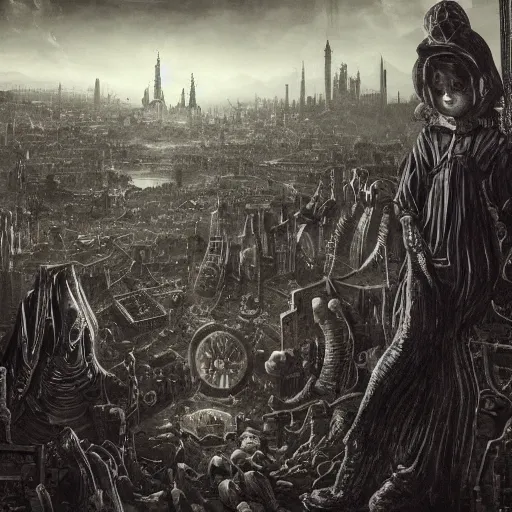 Image similar to a photo of young sad victorian gothic child with big eyes and wide grin sitting on a sofa of bones surrounded by a cyber futuristic cityscape made of human body parts, ultra detailed, 8 k resolution, beautiful lighting, expansive detailed layered city, landscape, 5 0 mm, perfect faces