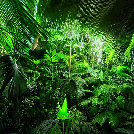 Image similar to « detailed, jungle with low luminosity, far view, luminescent plants »