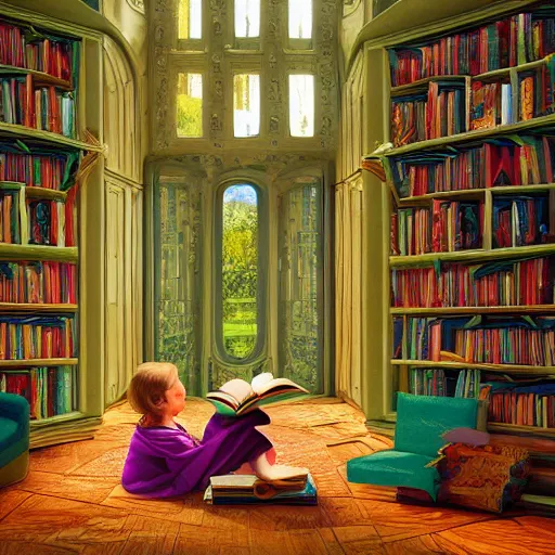 Prompt: hyperdetailed photorealistic beautiful illustration of an enchanted beautiful photorealistic beautiful child reading books, portraied inside a futuristic maximalist hyperdetailed room. in the style of Caravaggio, Michelangelo, Paul Gauguin, with flemish baroque vibrant shiny maximalist 3d textures in soft pastel tones. matte background. HD 8x sharp