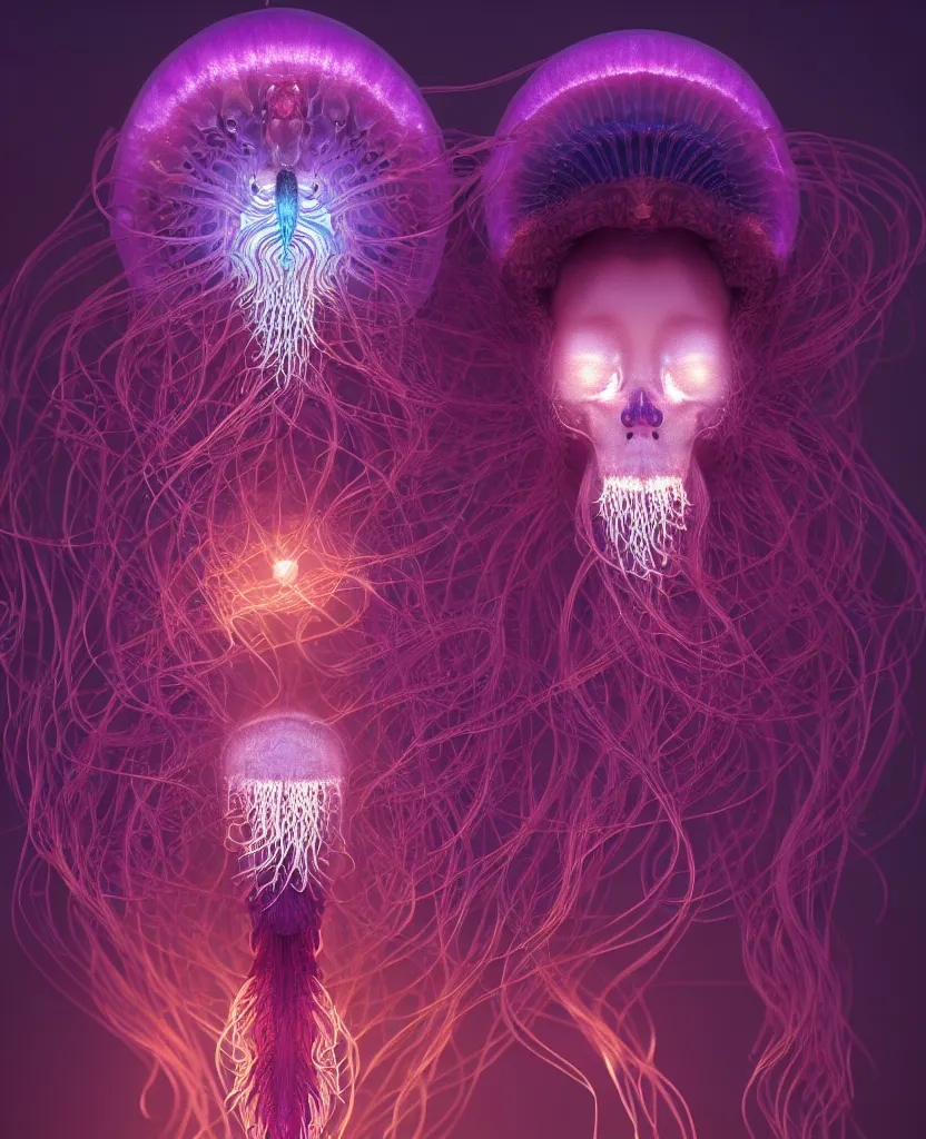 Image similar to goddess close-up portrait. orchid jellyfish phoenix head, nautilus, skull, betta fish, bioluminiscent creatures, intricate artwork by Tooth Wu and wlop and beeple. octane render, trending on artstation, greg rutkowski very coherent symmetrical artwork. cinematic, hyper realism, high detail, octane render, 8k