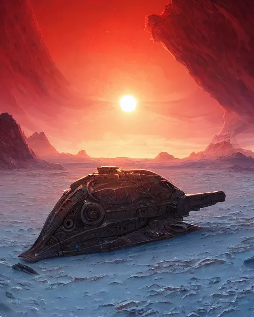 Image similar to ancient space ship, ice fish shape, desert planet, cinematic, highly detailed, scifi, intricate digital painting, sunset, red glow, illustration, artstation, by johnson ting, jama jurabaev