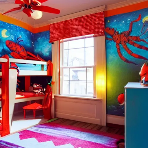 Prompt: a child’s bedroom, painting of a lobster, starry night bedsheets, Pokemon lamp on desk, blue window sill,