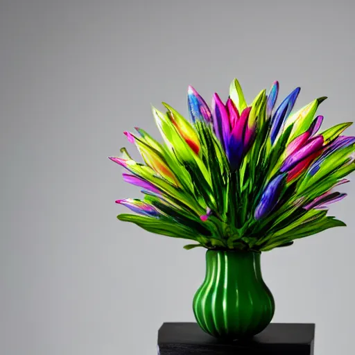 Image similar to An ultra high definition studio photograph of an alien flower in a simple vase on a plinth. The flower is multicoloured iridescent. High contrast, key light, 70mm.