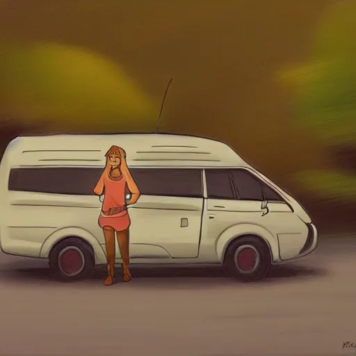 Image similar to camper driving on a calm road, pretty caricature, pretty girl brown hair, canoe, detailed intricate, in the style of Filipe Pagliuso on Artstation