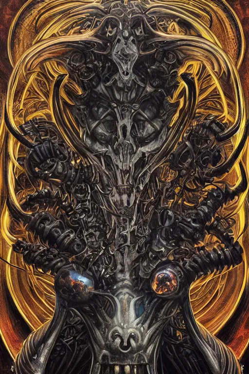 Image similar to Elden Ring and Doom themed painting of majestic chromatic biomechanical anatomical hybrid satanic goat symmetrical neutral mask closeup face tattoo pattern golden ratio concept, Neo-Gothic concept, infinity glyph waves, intricate artwork masterpiece, very coherent artwork, cinematic, full frontal facial features by Artgerm, art by H.R. Giger, Joseph Michael Linsner, Zdizslaw Beksinski, Johnatan Wayshak, Moebius, Ayami Kojima, very anatomically coherent artwork, trending on cgsociety, ultra high quality model, production quality cinema model, high detail chromatic ink outline, octane render, unreal engine 8k, hyper realism, high detail, octane render, unreal engine, 8k, High contrast