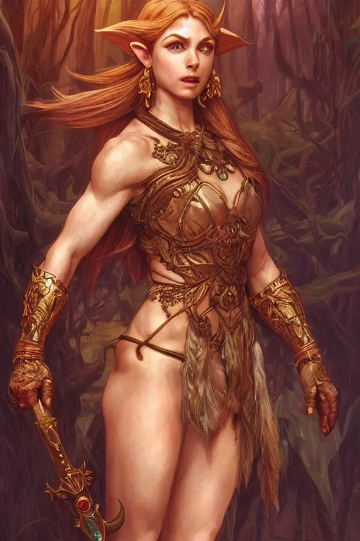 Image similar to portrait of zelda as a herculian demon woman, forest, full body, muscular, fantasy, intricate, elegant, highly detailed, digital painting, artstation, concept art, sharp focus, illustration, art by artgerm and greg rutkowski and alphonse mucha