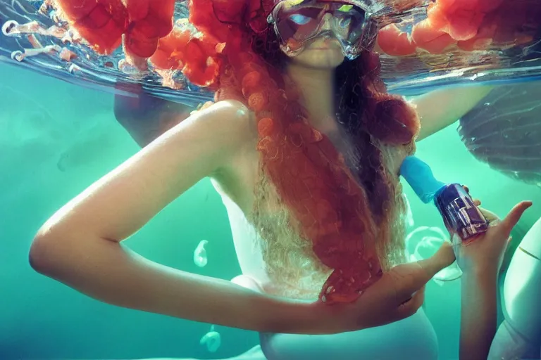 Prompt: closeup view of a Ukrainian lush female jellyfish human hybrid wearing vacuum tube amp roman armor and visor shades and tube amp necklace, inside of an underwater convenience store with floating candy, outline of large submarine underwater in the distance, ektachrome color photograph, volumetric lighting, off-camera flash, 24mm f8 aperture