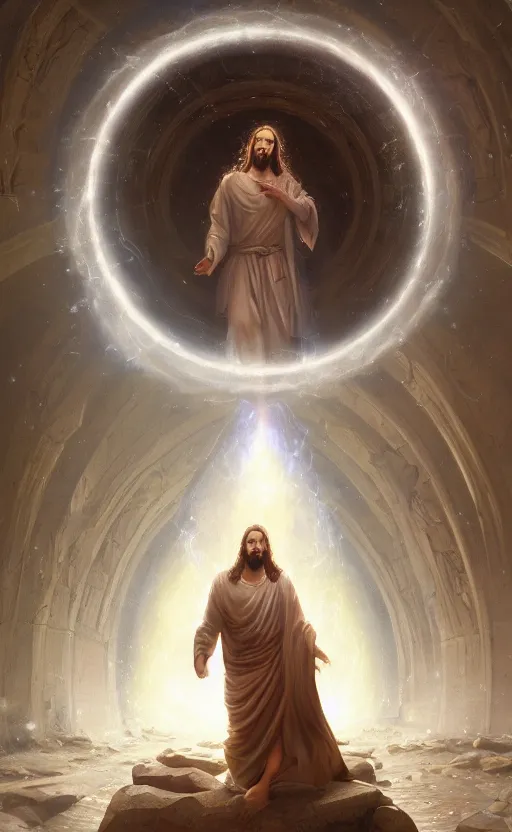 Image similar to jesus looking into a portal hopping and time warping with reckless abandon, masterpiece digital painting by Greg Rutkowski, Alex Grey, artstation, 4k wallpaper
