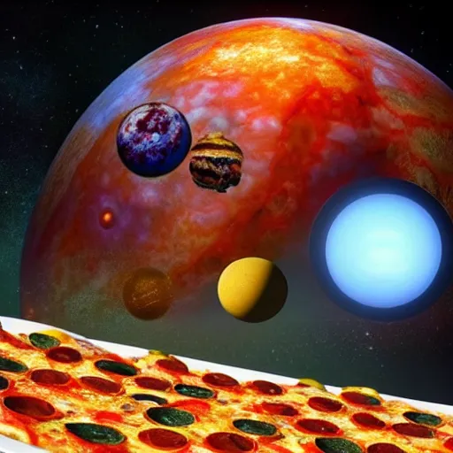 Prompt: the entire beautiful solar system with pizza instead of planets, artstation, hyperrealistic, digital art, octane render, cinematic lightning, Nvidia omniverse, unreal engine 5, highly detailed, vivid colors