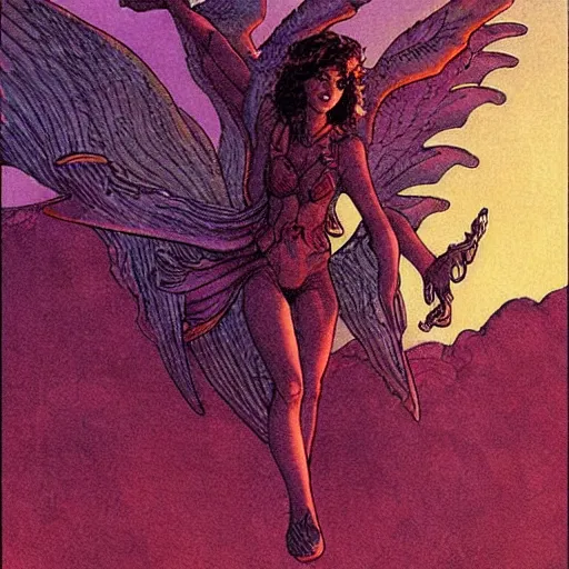 Prompt: a girl riding a winged demon flies over hell art by moebius