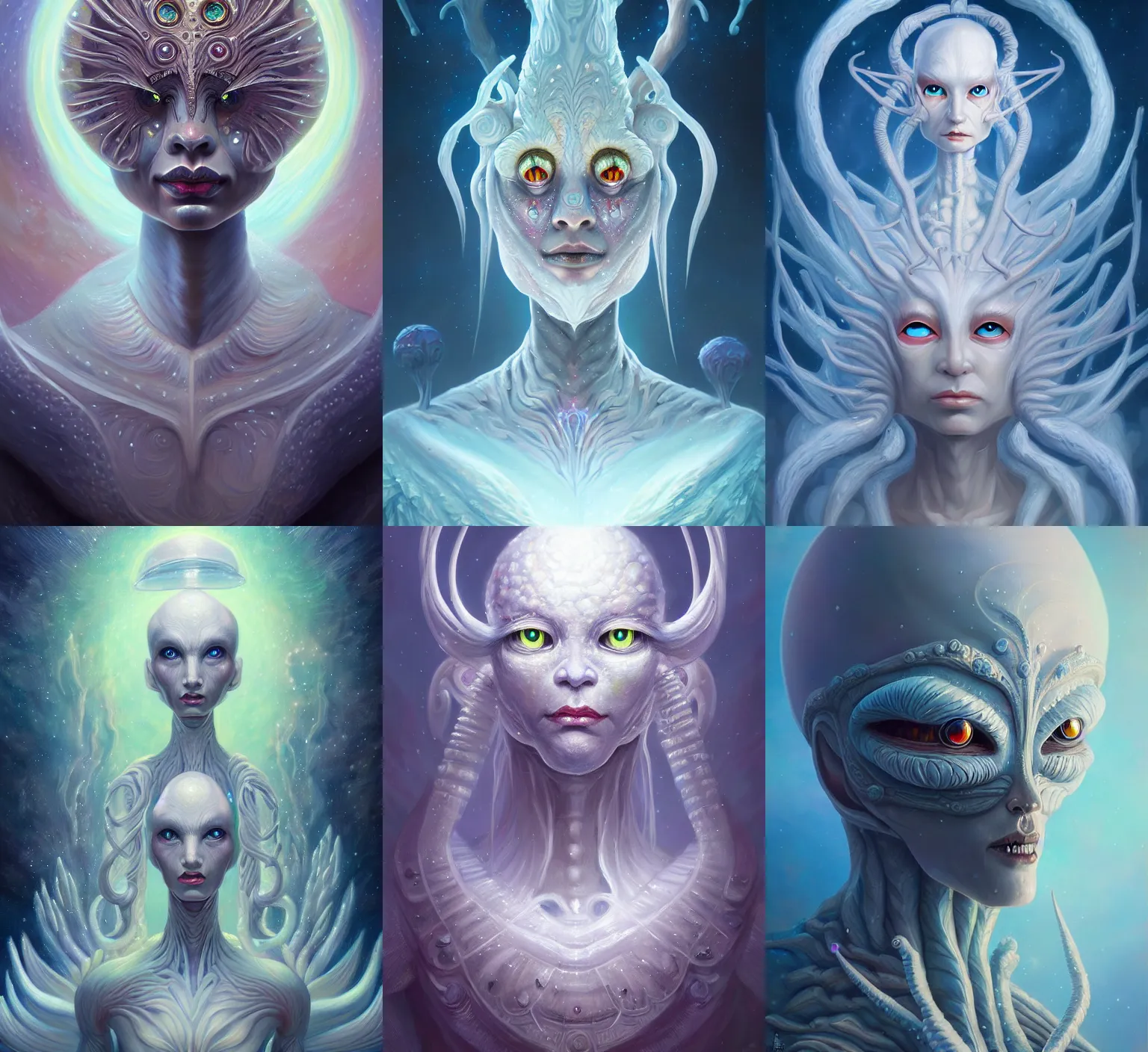 Prompt: fanciful and surreal oil painted illustration, a portrait of an ascended alien snow spirit, concept art, highly detailed, intricate, fantasy, sharp focus, Trending on Artstation HQ, deviantart