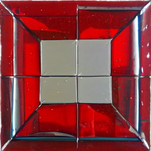 Prompt: chrome spheres on a red cube, encaustic