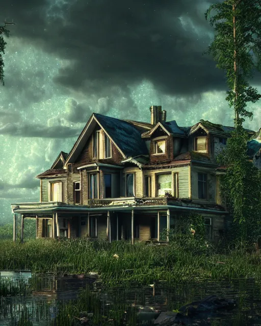 Prompt: a beautiful photorealistic render of single family detached house abandoned by albert bierstadt, reclaimed by nature retro nightsky gem liberty city atlantis architecture island apocalyptic nature cosmic sea, archdaily, wallpaper, highly detailed, trending on artstation.