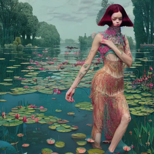 Prompt: pretty model with water lilies : : by martine johanna and simon stalenhag and chie yoshii and casey weldon and wlop : : ornate, dynamic, particulate, rich colors, intricate, elegant, highly detailed, vogue, harper's bazaar art, fashion magazine, smooth, sharp focus, 8 k, octane render