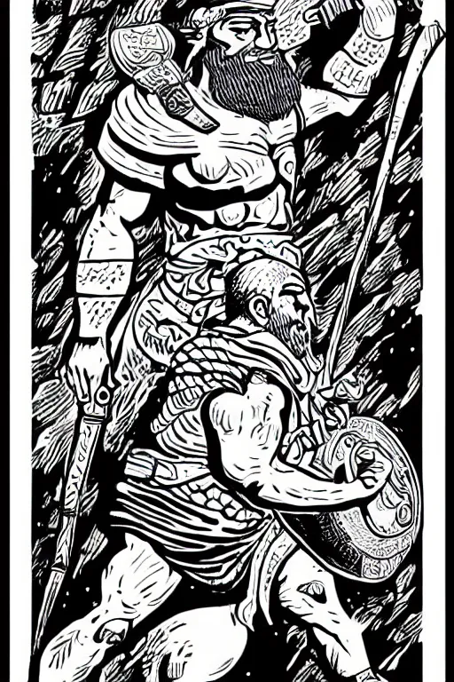 Image similar to ancient historically accurate depiction of the Bible Character Goliath of Gath, the Philistine warrior giant by mcbess