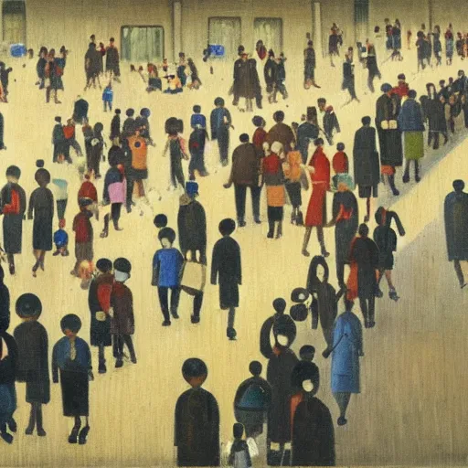 Prompt: painting of commuters heading to the central business district of singapore, painted by laurence stephen lowry, oil on canvas, national gallery