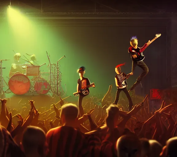 Image similar to 4 punks in school uniform with mohawks stand on stage with guitars and drums and microphones and yell day, foreground fight of ravers and punks, by marc simonetti, tyler edlin, deviantart, ray tracing, octane render, digital art, realistic, high quality, 8 k