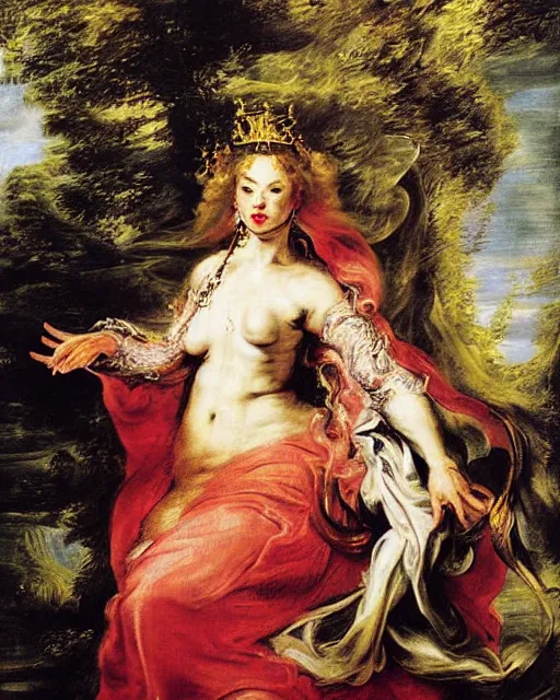Prompt: a painting of the high priestess tarot card by peter paul rubens