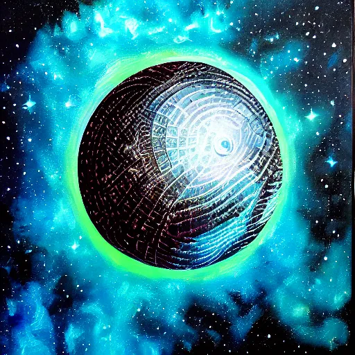 Image similar to highly detailed artwork, dyson sphere, deep cyan background nebula, acrylic painting