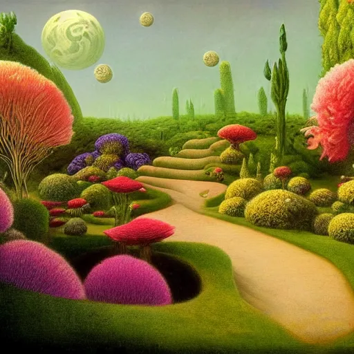 Prompt: a garden on the moon, 8 k, lowbrow, in the style of martin johnson heade, roger dean and alexander jansson,