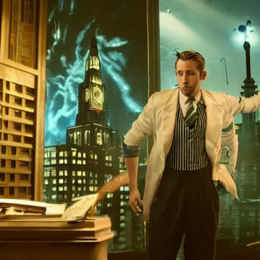 Prompt: a highly detailed cinematic photo from a live - action bioshock movie. andrew ryan, portrayed by ryan gosling, is shown standing in a 1 9 3 0's office with a large desk in front of a floor - to - ceiling window looking out onto the underwater city of rapture shining in the distance, sea life is shown outside of the window