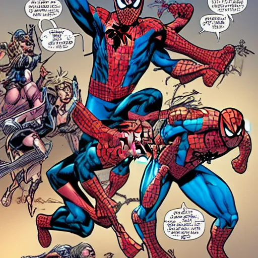 Prompt: The amazons vs spiderman, comic book page by J Scott Campbell