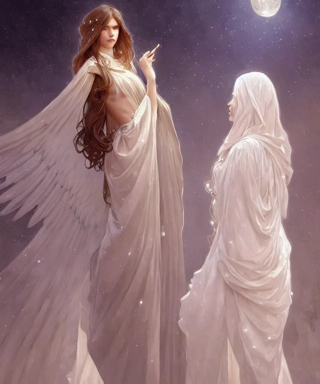 Image similar to Angels in white gauze dresses, the glow of the moonlight, fantasy, intricate, elegant, highly detailed, digital painting, artstation, concept art, matte, sharp focus, illustration, art by Artgerm and Greg Rutkowski and Alphonse Mucha, trending on deviantart, trending on artstation