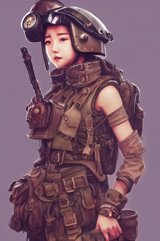 Image similar to dieselpunk blackpink jisoo as soldier girl, helmet, portrait, desert, armored, highly detailed, sharp focus, art, illustrations by rossdraws and ayanamikodon and wlop and irakli nadar and loish