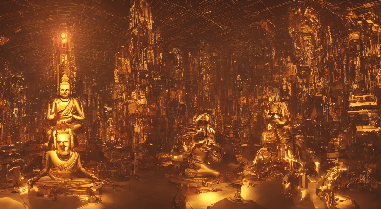 Prompt: Cyberpunk cyborg buddha being worshipped by a huge congregation of robot monks. Wide angle, Hyper realistic, award winning, vivid volumetric dramatic lighting. Rendered with unreal engine