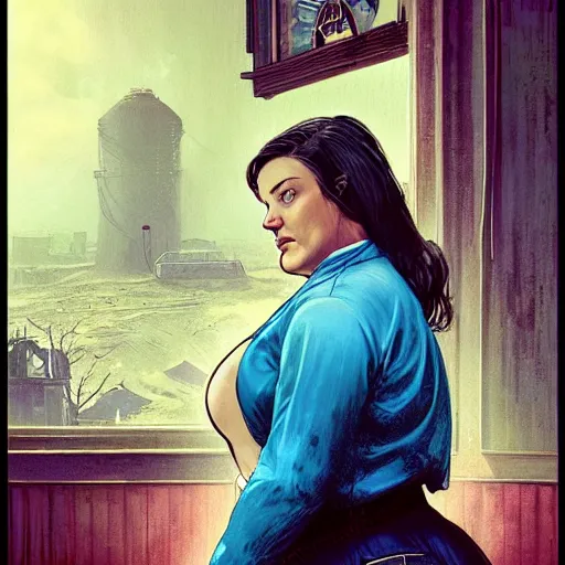 Image similar to portrait of a brunette chubby woman with blue eyes in fallout 4, light stubble with red shirt inside victorian mansion praying to god ,digital art,photorealistoc,art by greg rutkowski,hyperdetailed,western comic style,comic,comic style,sharp lineart,professional lighting,deviantart,artstation,trevor henderson,rossdtaws,cinematic,dramatic