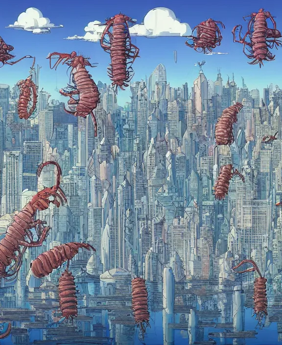 Image similar to city skyline made from obese sea slug lobsters, in the style of a puffy spaceship, skeletons, partly cloudy, spooky, dramatic lighting, by geof darrow, bill sienkiewicz, dan mumford, yusuke murata, makoto shinkai, ross tran, cinematic, unreal engine, cel shaded, featured on artstation, pixiv