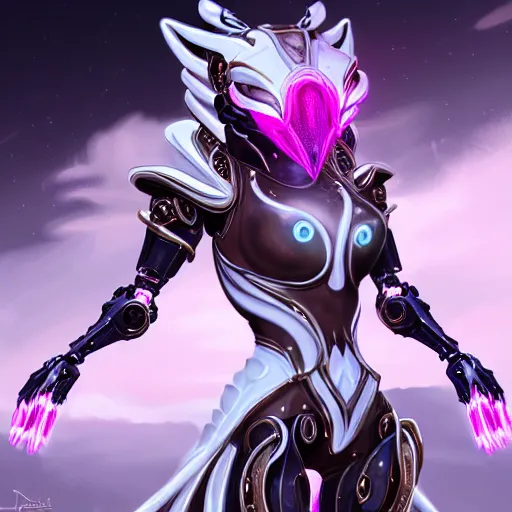 Image similar to highly detailed exquisite fanart, of a beautiful female warframe, but as a stunning anthropomorphic robot female dragon, glowing eyes and robot dragon head, off-white plated armor, bright Fuchsia skin, elegant pose, full body shot, epic cinematic shot, realistic, professional digital art, high end digital art, sci fi, DeviantArt, artstation, Furaffinity, 8k HD render, epic lighting, depth of field