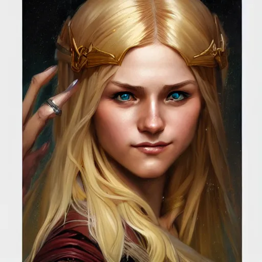 Prompt: an epic fantasy comic book style portrait painting of a young blonde girl thief, d & d, fantasy, joyful smirk, intricate, elegant, highly detailed, digital painting, artstation, concept art, matte, sharp focus, illustration, art by artgerm and greg rutkowski and alphonse mucha, 8 k