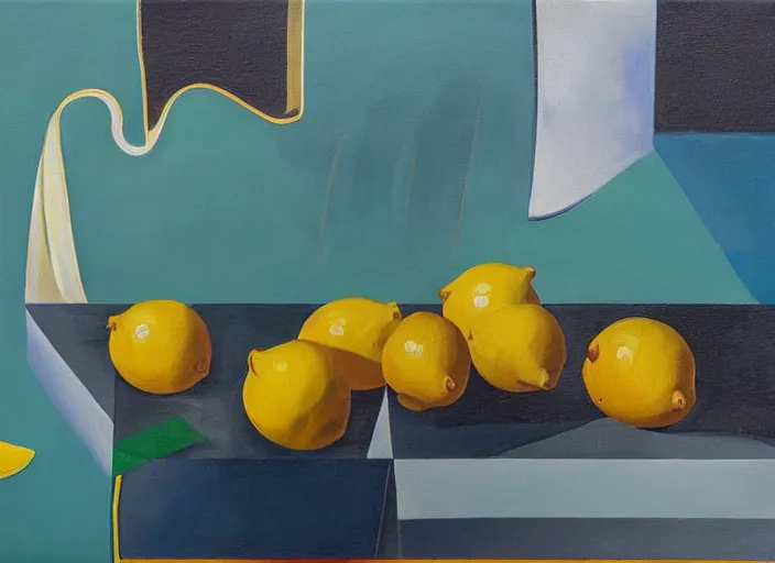 Image similar to abstract composition with lemons and umbrellas, oil on canvas, in the style of salvador dali,