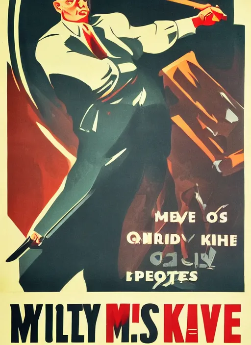 Prompt: mystery man with knife 1940s propaganda poster, full hd,highly detailed