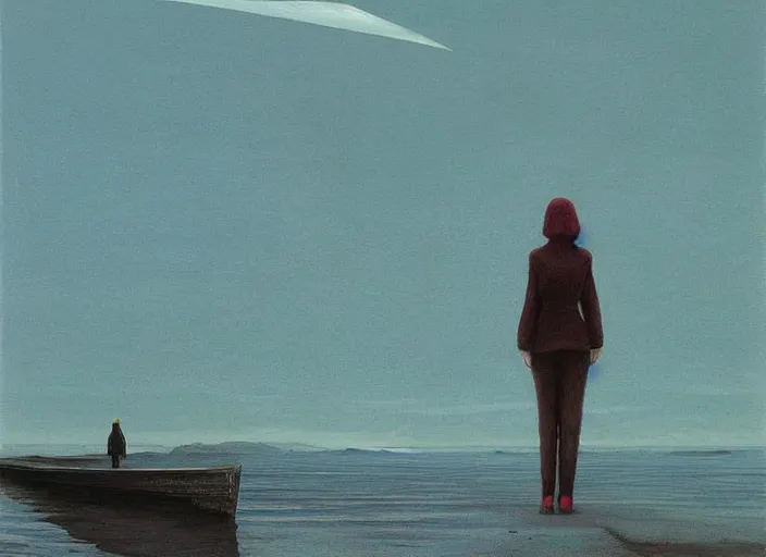 Image similar to lonely woman waiting on a shore for a boat with scarlet sail, highly detailed, science fiction, Edward Hopper and James Gilleard, Zdzislaw Beksinski highly detailed