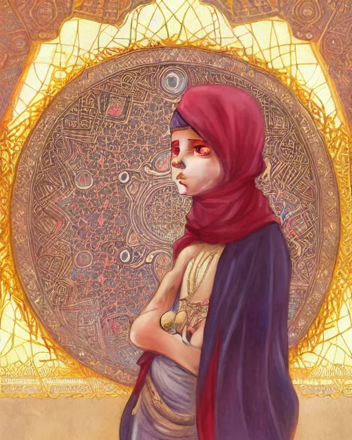 Image similar to a bedouin child infront of an big open quran highly detailed, gold filigree, romantic storybook fantasy, soft cinematic lighting, award, disney concept art watercolor illustration by mandy jurgens and alphonse mucha and alena aenami, pastel color palette, featured on artstation