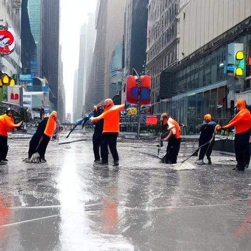 Prompt: a group of cleaners with mops fighting puddles in rainy new york street