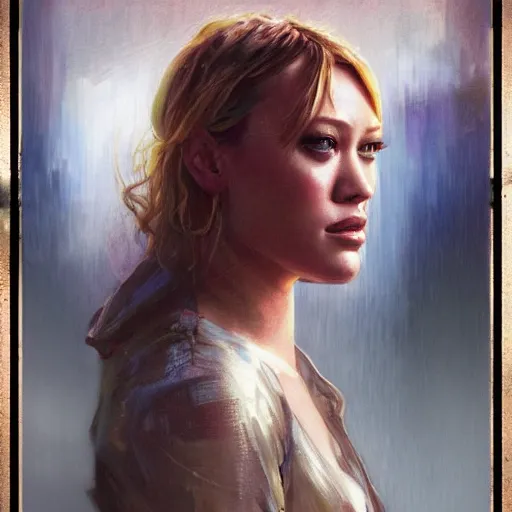 Image similar to hilary duff, hyperrealistic portrait, bladerunner street, art of elysium by jeremy mann and alphonse mucha, fantasy art, photo realistic, dynamic lighting, artstation, poster, volumetric lighting, very detailed face, 4 k, award winning