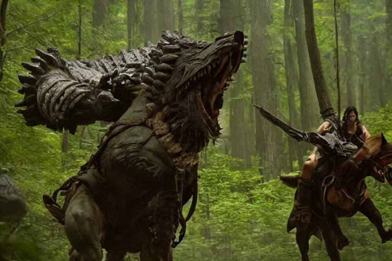 Image similar to vfx movie closeup detailed ancient armored warrior orc hunting riding large wolf in the forest, natural lighting by emmanuel lubezki